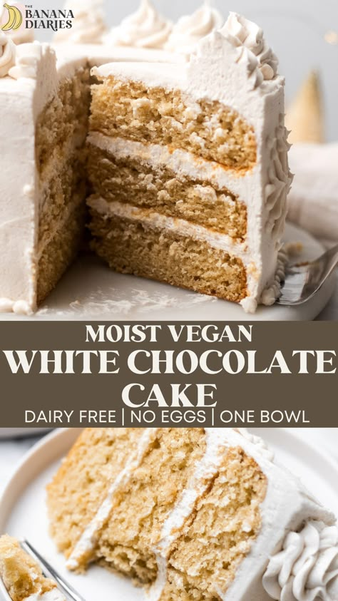 The ultimate vegan white chocolate cake recipe that doesn't taste vegan! It's entirely dairy free with a fluffy vegan white chocolate cream cheese frosting and easily decorated to be a fun and festive holiday cake! Gluten Free Vegan White Cake, Vegan White Chocolate Cake, Vegan White Cake Recipe, Vegan Layer Cake Recipes, Healthy Vegan Cake Recipes, Best Vegan Birthday Cake, Vegan Sugar Free Cake, Vegan Cakes Recipe, Vegan White Cake