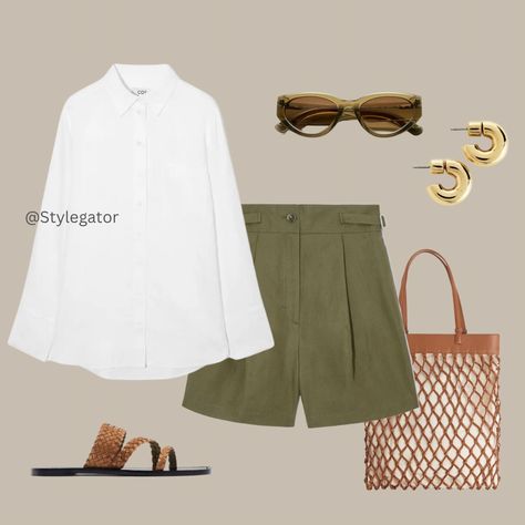 With summer in full swing, it's essential to refresh your wardrobe with fashionable and comfortable pieces that embrace the season. In today's blog post, we'll dive into an incredible outfit that perfectly blends the classic allure of an oversized white linen shirt with the relaxed vibes of green khaki linen shorts. Enhancing the ensemble with stylish accessories such as sunglasses, gold hoops, plaited sandals, and a Braided Leather Tote, this look effortlessly exudes sophistication and ease. Oversized White Linen Shirt, Spring Summer Capsule Wardrobe, Olive Pants, White Linen Shirt, What To Wear Today, Summer Capsule Wardrobe, Minimal Outfit, Minimal Style, Neutral Fashion