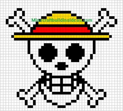 Minecraft Pixel Art Templates: Straw Hat Luffy Crochet Straw Hat One Piece, Straw Hat Pixel Art, Pixel Art Templates Anime, Pixel Art In Minecraft, Pixel Art Anime Easy, Skull Minecraft, One Piece Minecraft, Minecraft One Piece, Pixel Art Difficile