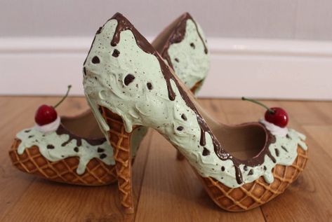 Mint Choc Chip Ice Cream, Painted Heels, Hand Painted Heels, Mint Choc Chip, Ice Cream Shoes, Mint Chocolate Chip Ice Cream, Cream Heels, Mint Chocolate Chip, Chocolate Chip Ice Cream