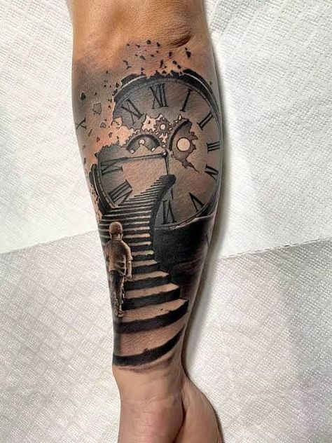 Stairs Tattoo, Europe Tattoo, Stairway To Heaven Tattoo, Date Tattoo Ideas, Poker Tattoo, Nautical Tattoo Sleeve, Bridge Tattoo, Date Tattoo, Family Tattoos For Men