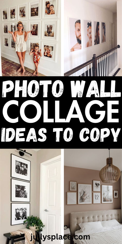 Photo wall collage ideas Simple Picture Collage Wall, Modern Picture Collage Wall, Photo Print Wall Ideas, Ideas For Photo Wall, Large Photo Collage Wall, Unique Photo Wall Ideas, Aesthetic Pictures For Wall Collage Dark, Photo Collage Wallpaper Ideas, Family Photos Wall Display