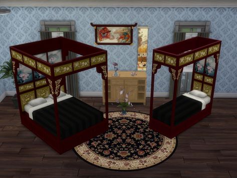 Mod The Sims - UPDATED BEDS - Asian Collection Part 2 Asian Sims 4 Cc, Japanese Inspired Painting, Sims 4 Cc Asian, Sims 4 Asian Cc, Sims House Cc, Sims 4 Vintage Cc, Sims Historical, Chinese Bed, Sims 4 Korean