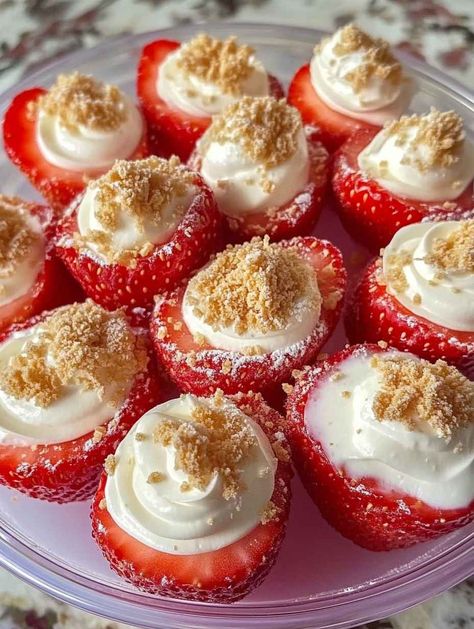 Easy Fresh Fruit Desserts, Deviled Strawberries Cheesecake, Strawberry Appetizers For Party, Strawberry Cheesecake Dip Recipe, Strawberry Deviled Eggs Cheesecake, Stuffed Strawberry Cheesecake, Strawberry Cheesecake Decoration Ideas, Strawberry Christmas Dessert, Strawberry No Bake Dessert