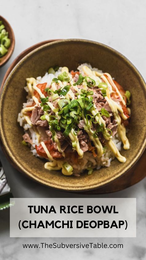 korean tuna rice bowl with drizzles of kewpie mayo and green onion Meals With Kewpie Mayo, Korean Tuna Salad, Korean Tuna Rice Bowl, Tuna Mayo Rice Bowl, Canned Tuna Rice, Korean Tuna Rice, Cooking Ahi Tuna, Tuna Rice Bowl, Gimbap Recipe