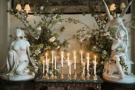 Cosy warm twinkling candlelight with angel cherub statues at Elmore Court | Lauren Knuckey Photography Angelic Wedding Theme, Cherub Theme Party, Pastel Theme Wedding, Cherub Wedding Decor, Cherub Wedding, Kids Entertainment Wedding, Statue Wedding, Cherub Bedroom, Blue Velvet Blazer