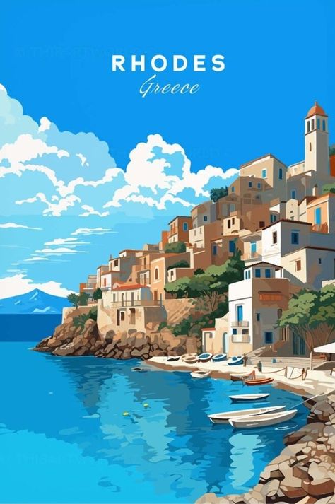 Greece Wallpaper, Scene Illustration, Vintage Style Poster, Wanderlust Decor, Rhodes Greece, Travel Globe, Travel Postcard, Retro Travel Poster, Travel Wall Art