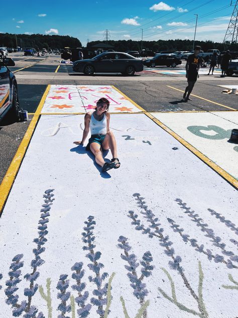 Sports Senior Parking Spot Ideas, Parking Spot Painting High School Sports, Retro Senior Parking Spot, Boho Senior Parking Spot, Unique Parking Spot Ideas, Senior Parking Space Ideas Best Friends, Senior Parking Spot Ideas Simple, Soccer Senior Parking Spots, Senior Parking Spot Ideas Chalk Easy