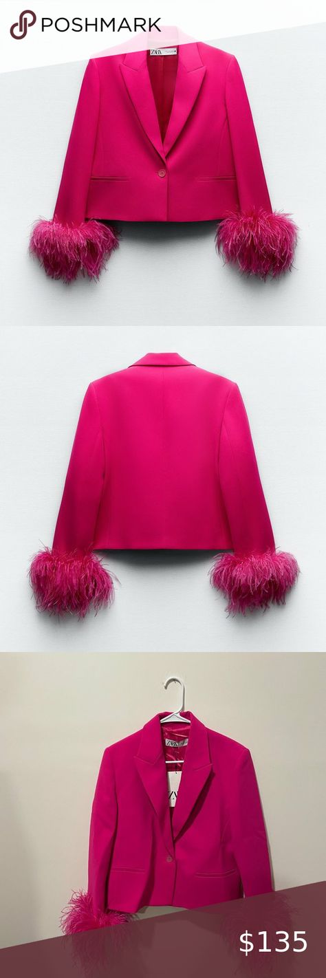 Zara Short Feather Blazer in Neon Fuchsia Pink Short Blazer, Zara Shorts, Blazer And Shorts, Zara Jackets, Fuchsia Pink, Lapel Collar, Feathers, Zara, Long Sleeves