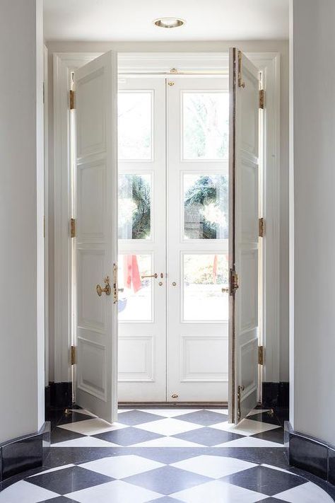 Narrow Double Doors Entrance, Gray Quartz Countertops, Black Quartz Countertops, Black And White Flooring, Double Door Entrance, White Beadboard, White Laundry Rooms, Double Doors Exterior, Entry Doors With Glass