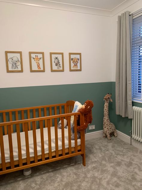 Half And Half Painted Walls Nursery, Two Tone Wall Nursery, Two Tone Nursery Walls, Half Wall Nursery, Two Tone Nursery, Half And Half Wall, Chair Rail Paint Ideas, Nursery Room Colors, Spare Room Office