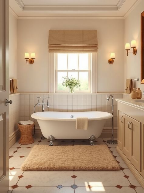 15 Beige Bathroom Ideas for a Stylish, Serene Space British Cottage Bathroom, Beige Tub Bathroom Ideas, Small Bathroom Ideas Cream, Half Tiled Wall Bathroom, Soft Yellow Bathroom, Bathroom With Tub Remodel, Large Tile Bathroom Floor, Creme Bathroom, Light Beige Bathroom