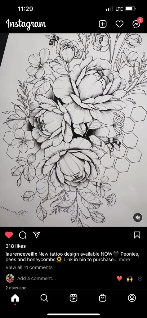 Flower Tattoo With Honeycomb, Floral Honeycomb Bee Tattoo, Tattoo Ideas Bees And Flowers, Honey Comb Bee Flower Tattoo, Honeycomb With Flowers Tattoo, Tattoos With Peonies, Honeycomb Arm Tattoo, Bee And Honeycomb Tattoo Ideas, Daisy And Peony Tattoo