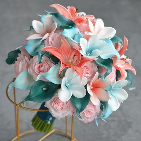 Salmon Wedding, Bridal Bouquet Coral, Beach Bouquet, Calla Lily Bouquet Wedding, Starfish Wedding, Calla Lily Wedding, Aqua Wedding, Teal Wedding, Turquoise Wedding