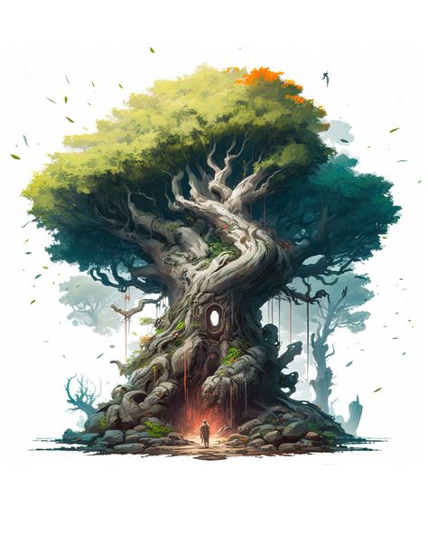 A tree that grows above an entrance of a hidden dungeon. Giant Tree Forest Fantasy Art, Tree Magic Art, Giant Tree Concept Art, Big Fantasy Tree, Giant Tree Art, Giant Tree Drawing, World Tree Fantasy Art, Giant Tree Fantasy Art, Big Tree Illustration