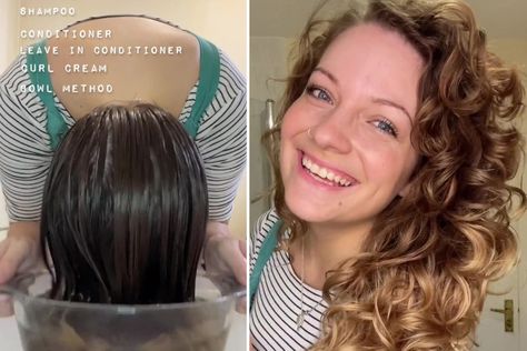 Bowl Dipping Curly Hair, Bowl Curl Method, Bowl Method Curly Hair, Bowl Method, Dipped Hair, Tiktok Hair, Getting A Perm, Hair Hack, Naturally Curly Hair