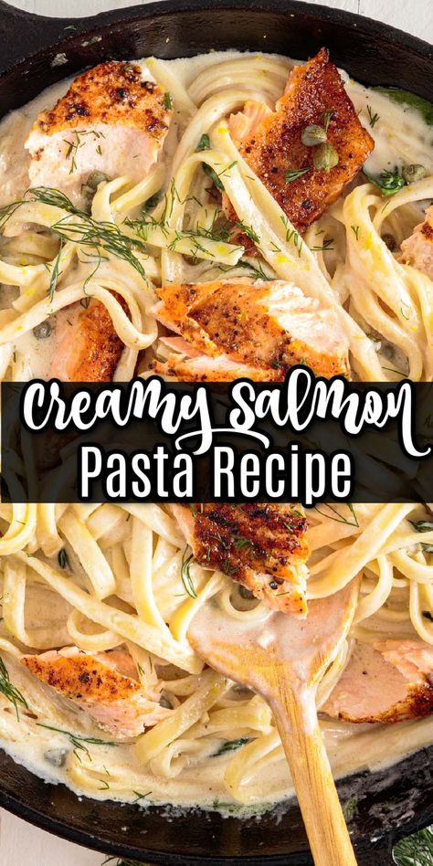 This delicious pasta dish is swimming in a simple cream sauce and topped with tender salmon. The best part is that it's ready in just 40 minutes, so it's a perfect weeknight meal! Salmon Pasta Recipe, Creamy Salmon Pasta, Salmon Pasta Recipes, Creamy Salmon, Salmon Recipes Baked Healthy, Seafood Dish Recipes, Fish Dinner Recipes, Creamy Pasta Recipes, Salmon Pasta