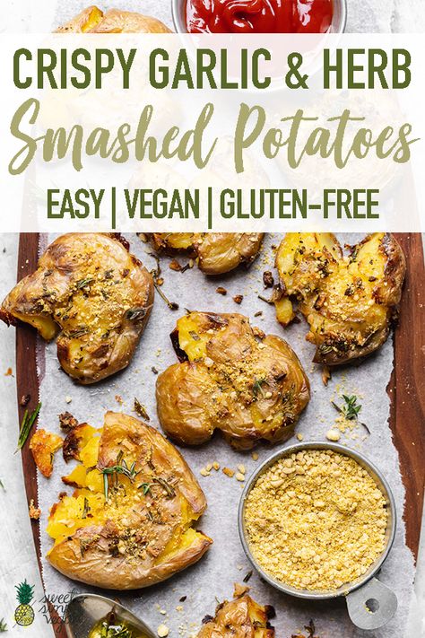 Calling all potato lovers, you need these crispy garlic & herb smashed potatoes in your life! Crispy on the outside, easy to make, and downright delicious. #vegan #garlicandherb #smashedpotatoes #easy #potatorecipe #veganappetizer #sweetsimplevegan #veganparmesan Garlic Smashed Potatoes, Crispy Garlic, Vegan Parmesan Cheese, Vegan Side Dishes, Vegan Sides, Vegan Parmesan, Smashed Potatoes, Vegan Appetizers, Healthy Sides