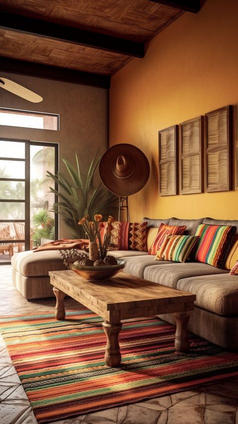 6 Tips to Nail the Modern Mexican Interior Design Look! Mexican Houses Interior, Modern Mexican Living Room, Mexican Living Room, Style Hacienda, Southwestern Living Room, Hacienda Decor, Modern Mexican Home, Log Home Interior, Mexican Interior Design