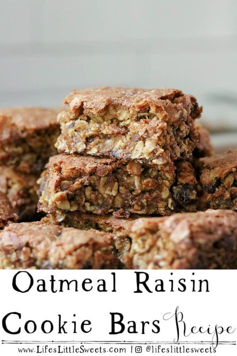 Oatmeal Raisin Cookie Bars are exactly like our favorite Oatmeal Raisin Cookies, only in bar form. They are about 1 inch thick, sweet with brown sugar and raisins, and deliciously satisfying! #oats #oatmeal #cookiebars #dessert #sweet #raisins #lifeslittlesweets Oatmeal Raisin Squares, Oatmeal Raisin Dessert, Healthy Raisin Recipes, Healthy Oatmeal Raisin Bars, Oatmeal Raisin Bar Cookies, Oatmeal Raisin Cookie Bars Recipes, Oatmeal Bar Cookies Recipes, Oatmeal Raisin Bars Recipe, Raisin Bars Recipe