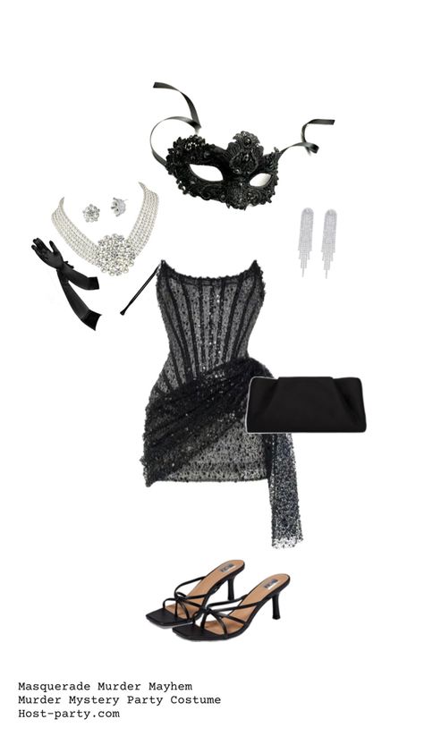 Halloween costume female masquerade black mask black sequin dress elegant fancy silk gloves black high heels dress up Plus Size Masquerade Party Outfit, Masquerade Outfit Ideas For Women Party, Masquerade Outfit Ideas Dress To Impress, Masquerade Theme Party Outfit, Masquerade Birthday Party Ideas, Mascarade Party Outfit, Mystery Party Games, Masquerade Party Outfit, Masquerade Outfit Ideas