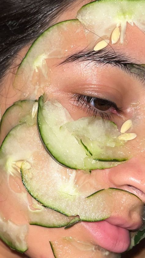 Cucumber Mask Aesthetic, Rice Water And Cucumber Face Mask Korean, Intro Pictures, Face Mask Asethic, Face Mask With Cucumber, K Beauty Face Masks, Cucumber Face, Haley Bieber, Pretty Face Mask