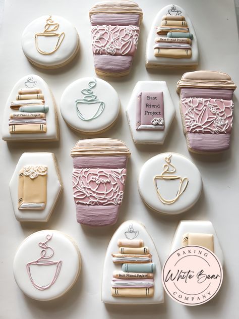 Coffee Shaped Cookies, Coffee Bean Cookies Decorated, Book Club Cookies Decorated, Book Sugar Cookies Decorated, Book Club Cookies, Coffee Cookies Decorated, Book Cookies Decorated, Book Bakery, Book Cookies