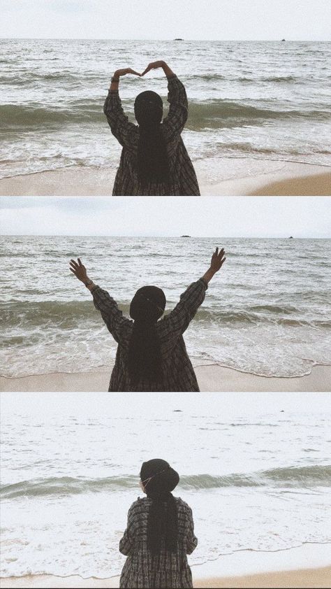 Photo Poses Beach Picture Ideas, Sea Poses Photo Ideas Hijab, Photos On Beach Ideas Aesthetic, Beach Photography Ideas Instagram, Sea Photography Pose, Sea Beach Photography Ideas, Creative Beach Pictures Photo Ideas, Sea Outfit Summer Hijab, Poses On Beach Picture Ideas