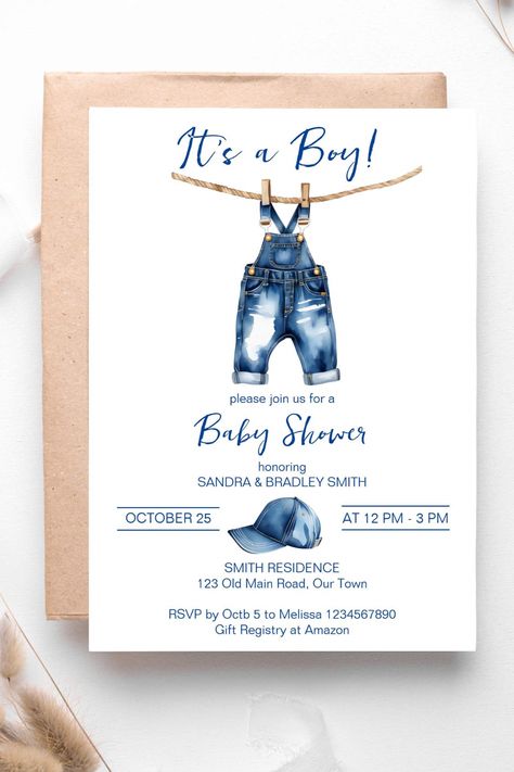 It's a boy blue jeans baby shower template invitation digital download cute jeans overalls and a cap Blue Jean Baby Shower Theme, Denim Baby Shower Ideas, Denim Party Theme, Denim Baby Shower, Diamonds And Denim Party, Paris Baby Shower, Baby Boy Sprinkle, Bohemian Diy, Diaper Party