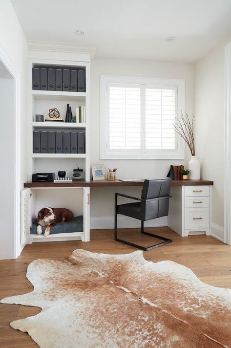 Dog Bed Built-in Home Office Desk Office Dog Bed, Barkitecture Ideas, Office Dog Room, Dog Ideas For The Home, Built In Dog Bed, Dog Nook, Transitional Home Office, Pet Room, Dog Spaces