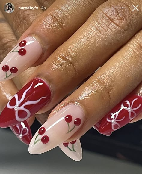 Red Graphic Nails, Valentines Nails Unique, Valentines Day Nails Cherry, Red Cherry Nail Designs, Nails Designs With Gems, Valentines Nails 2024, Cherry Design Nails, Ferrari Nails, Red Nail Inspiration