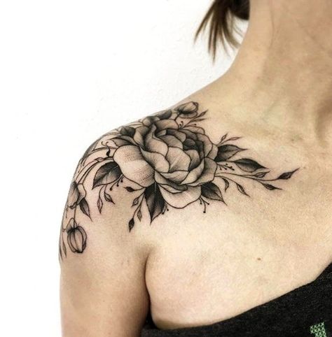 Women's Shoulder Tattoo, Front Shoulder Tattoos, Sunflower Tattoo Shoulder, Floral Tattoo Shoulder, Floral Tattoos, Shape Tattoo, Peonies Tattoo, Floral Tattoo Design, Botanical Tattoo