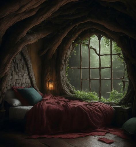 Elven Bedroom, Forest Room, Fairytale House, Fantasy Bedroom, Fantasy Rooms, Magical Home, Dark Home Decor, Cottage Interior, Dark Home