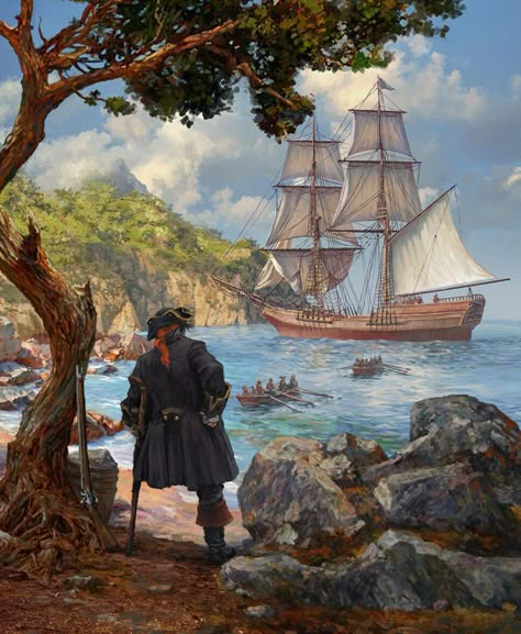 ArtStation - Treasure Island, Sergey Shikin Pirate Cove, Island Artwork, A Ship, Treasure Island, The Ocean, The Black, Water, Black