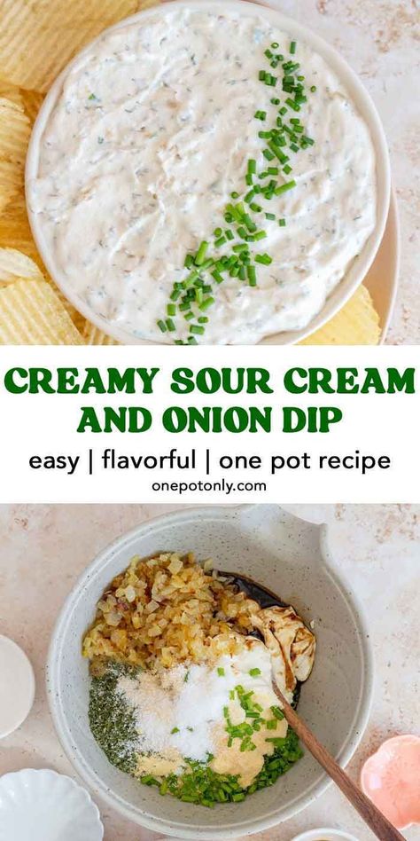 This sour cream and onion dip is so irresistible and shockingly easy to make with only a handful of ingredients! This creamy dip goes well with everything from chips, vegetables, bread, and more!  Inspired by my all-time favorite chip flavor, Ruffles Sour Cream and Onion, this sour cream and onion dip will have you drooling. It's so easy to make and it's always a crowd-pleaser. Make it for game day, a dip party, or just for yourself to enjoy! Sour Cream And Onion Dip Recipe, Sour Cream Chip Dip, Sour Cream And Onion Dip, Easy Chip Dip, Sour Cream Dip Recipes, Dip Party, Chip Dip Recipes, Make Sour Cream, Caramelized Onion Dip