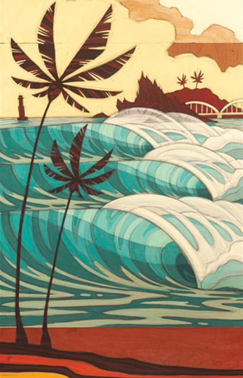 Erik Abel Art #surf #waves                                                                                                                                                                                 More Beach Murals, Ventura Beach, Hawaiian Art, Island Art, Surf Art, Art Licensing, Ocean Art, Art Portfolio, Beach Art