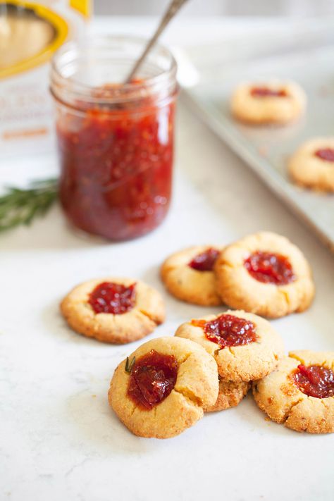 Cheesy Thumbprint Cookies with Bourbon Tomato Jam ##bourbon ##cherrytomatoes ##garlic ##oliveoil ##onions ##parmesancheese ##polenta ##proseccowhitewinevinegar Baking With Olive Oil, Tomato Jam Recipe, Tomato Jam, Thumbprint Cookies, Cherry Tomato, Jam Recipes, Savoury Cake, Sweet Onion, Polenta