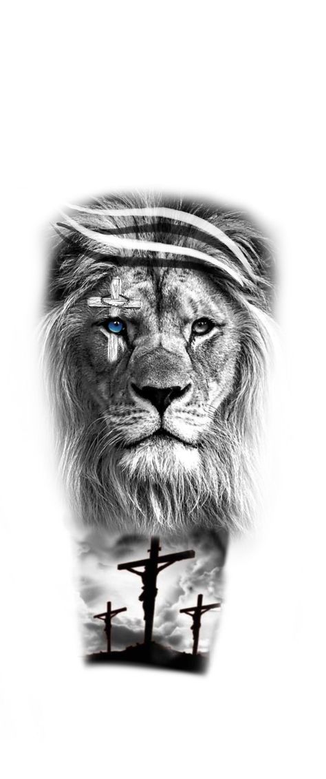 Lion With Cross In Eye Tattoo, Leo Forearm Tattoo For Men, Lion And Lamb Tattoo Sleeve, Cross With Lion Tattoo, Lion With Crown Of Thorns Tattoo, Lion With Blue Eyes Tattoo, Lion Crown Of Thorns Tattoo, Lion Tattoo With Cross, Lion Cross Tattoo Design