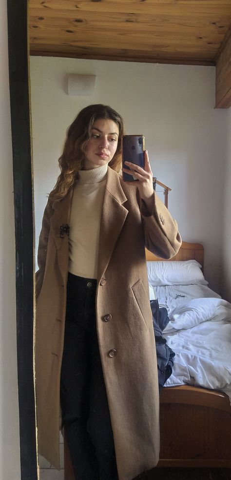 How To Style Beige Overcoat, Coat And Sweater Outfit, Brown Coat Women Outfit, How To Style Long Beige Coat, Turtleneck Trench Coat Outfit, Tan Coats For Women, Long Beige Coat Outfit Casual, Long Brown Peacoat Outfit, Black And Beige Winter Outfit