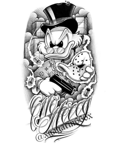 Donald Duck Tattoo Gangsta, Egypt Tattoo Design Ideas, Mr Cartoon Tattoo, Mc D, Christus Tattoo, Cartoon Tattoo Ideas, Dagobert Duck, Character Tattoos, Animated Shows