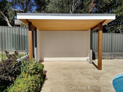 Pool Cabana with beautiful Spotted Gum Posts and Beams, walls and ceiling have all hidden fixings. Simple Pool Cabana, Cedar Ceiling, Decks Around Pools, Simple Pool, Pool Cabanas, Poolside Cabana, Pergola Diy, Pool Cabana, Summer Backyard