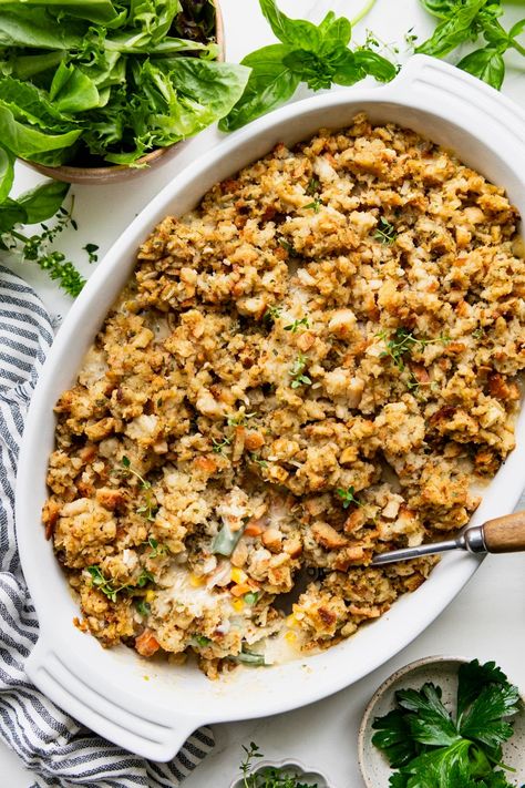 This easy turkey stuffing casserole is a quick dump-and-bake dinner that takes advantage of Thanksgiving leftovers (or a box of Stove Top stuffing mix)! Turkey Stuffing Casserole Recipes, Boxed Stuffing Hacks, Leftover Stuffing Recipes Ideas, Baked Stove Top Stuffing, Boxed Stuffing Recipes Ideas, Stove Top Stuffing Casserole, Turkey Dressing Casserole, Easy Turkey Stuffing, Recipes With Stuffing