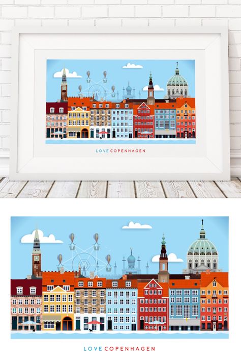 Illustration of Nyhavn and other Copenhagen landmarks. Copenhagen Painting, Copenhagen Wall Art, Permin Of Copenhagen Cross Stitch, Copenhagen Denmark Travel, Copenhagen Neighborhoods, Clay City, Copenhagen Skyline, Tivoli Gardens, Denmark Travel