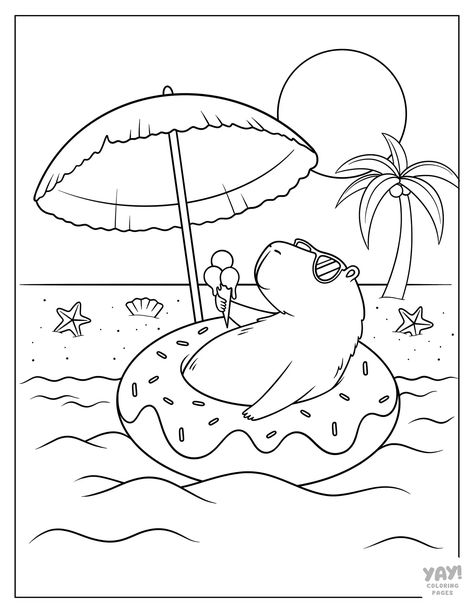 Capybara in donut pool float at the beach coloring page. All coloring pages are free to download. Color on paper, or digitally in your favorite drawing app. Capybara coloring pages for kids are great for at home or school. #coloring #pages #printable #printablecoloringpages #kidscoloringpages #coloringbookskids Disney Characters Coloring Pages, Ocean Coloring Pages, Beach Coloring Pages, Free Coloring Pages For Kids, Coloring Pages Free Printable, Printable Coloring Sheets, Animal Coloring Books, Easy Coloring Pages, Disney Coloring Pages