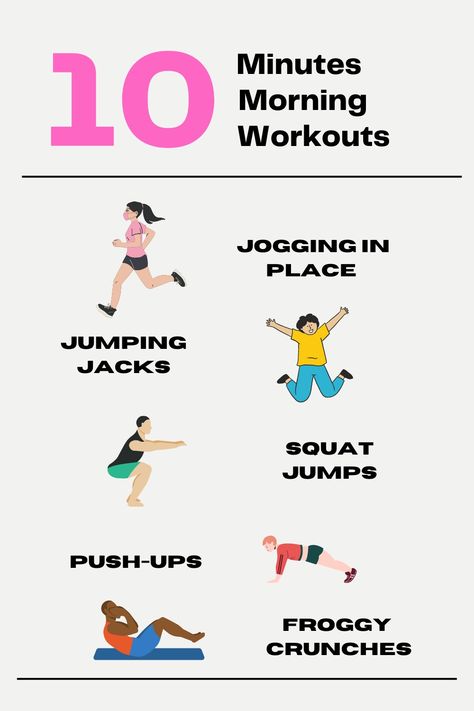 workouts, health, fitness Squat Jumps, Jogging In Place, Morning Workouts, Jump Squats, Push Ups, Jumping Jacks, Morning Workout, 10 Minute, Push Up