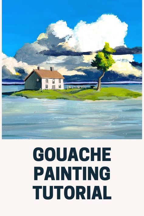 Gouache painting Studio Ghibli free tutorial Himi Gouache Tutorial, Folk Art Watercolor Painting, Gouache Clouds Tutorial, Easy Ghibli Painting, Gouache Art Ideas, Gouache Art For Beginners Step By Step, Gouache Painting Ideas Inspiration, Gouache Step By Step, How To Paint With Gouache