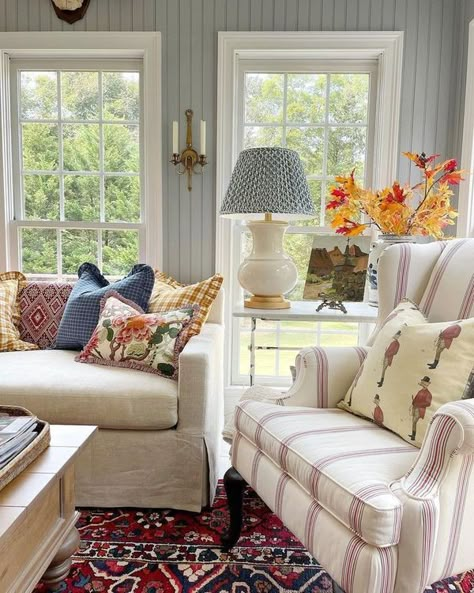 Your Home Diary Transitional With Pops Of Color, Colourful Cottage Living Room, Colorful Cottage Interiors Living Room, Open Concept Home Decor, Mixed Patterns Living Room, Homes With Color, Pretty Sunrooms, Granny Living Room, Colorful Cozy Living Room