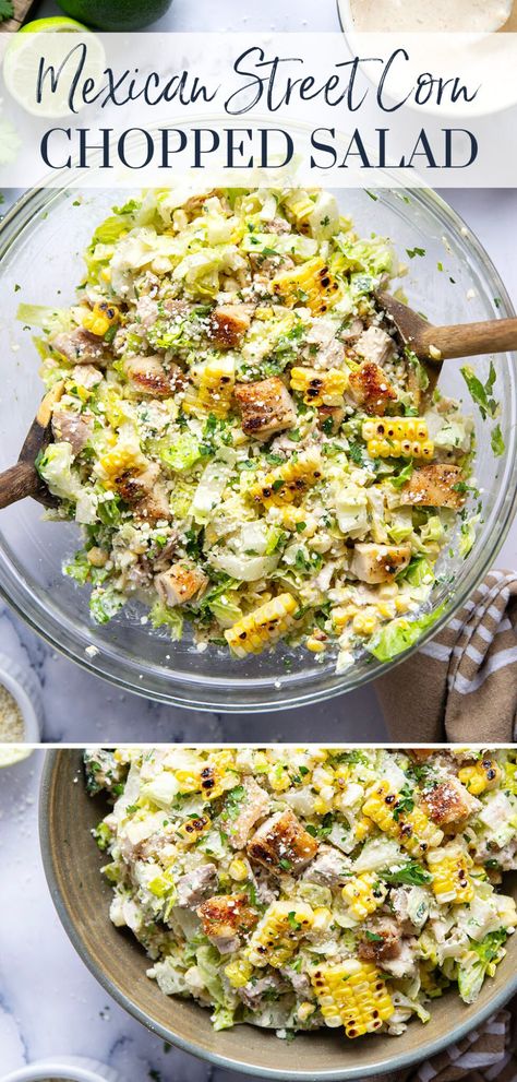 This Mexican street corn chopped salad features all the classic components from the traditional salad including charred sweet corn and a creamy fresh lime dressing as well as juicy grilled chicken and crisp lettuce. Side Salad For Tacos, Lettuce Salad Recipes For Dinner, Mexican Chopped Salad Recipes, Corn Salad With Lettuce, Street Corn Chopped Salad, Salad To Go With Chili, Salads With Corn In Them, Salad Recipes With Corn, Chicken And Corn Salad