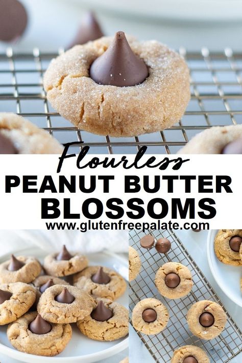 A super simple gluten free peanut butter blossoms recipe that is flourless and quick to bake. With only a few ingredients and a couple of quick steps - these gluten free cookies are super simple to make! Almond Flour Peanut Butter Blossoms, Gluten Free Peanut Butter Blossoms, Rad Diet, Flourless Baking, Gluten Free Valentines, Peanut Butter Blossoms Recipe, Gf Snacks, Peanut Butter Blossom, Healthy Peanut Butter Cookies