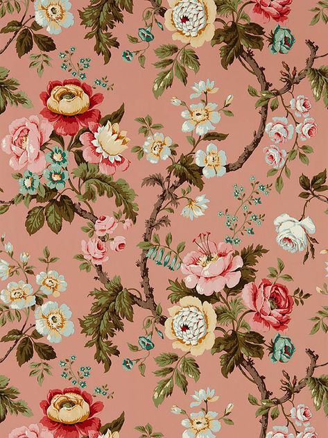 Sanderson Hykenham Wallpaper Pink And Purple Wallpaper, Trail Design, Harlequin Wallpaper, Cole And Son Wallpaper, Iconic Wallpaper, Red Colour Palette, French Rose, Floral Damask, Standard Wallpaper